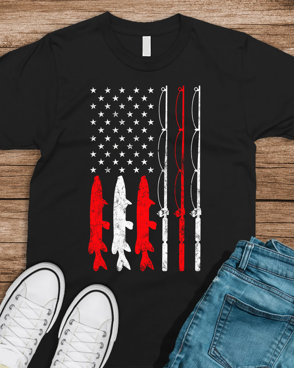 Fishing Rod American Flag Vintage Fishing gift for Fisherman T-Shirt