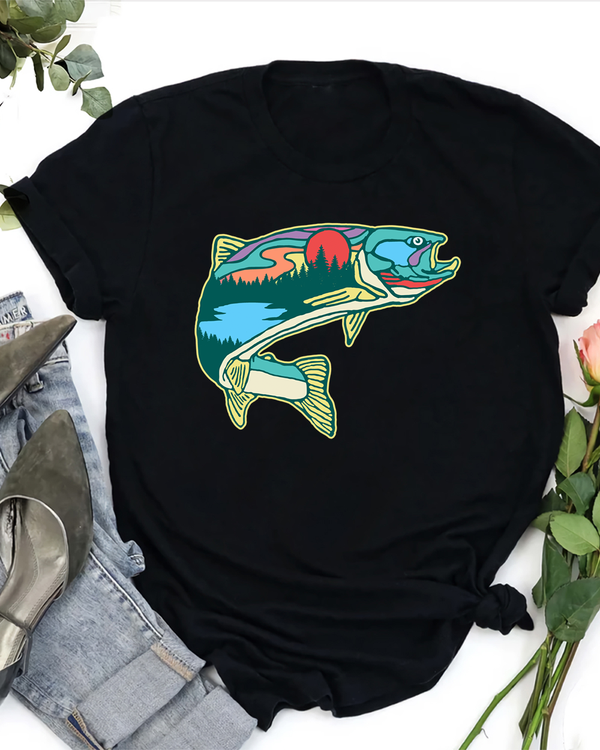 Nature Trout Illustration Vintage Fly Fishing Retro Graphic T-Shirt